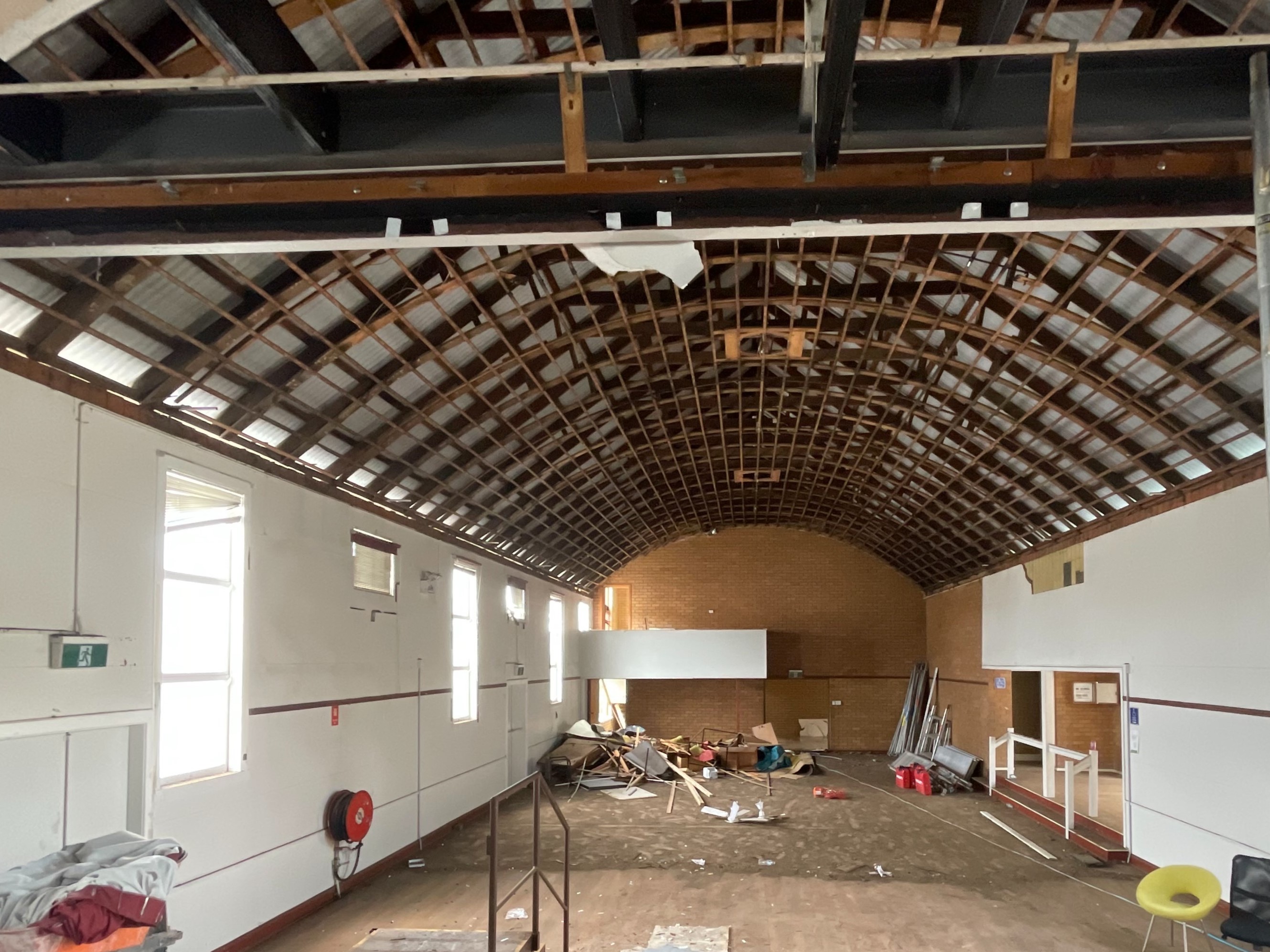 Maclean Civic Hall - Curved metal ceiling salvaged.JPG
